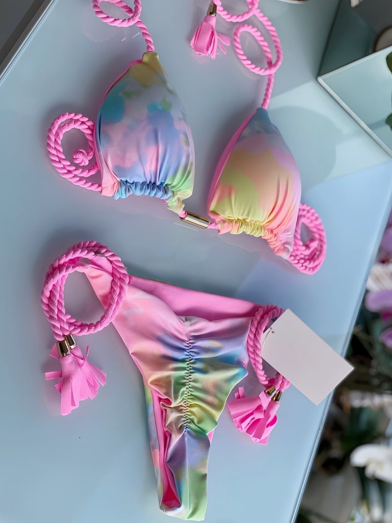 Printed Fabric Rope Bikini Triangle Swimsuit Swimwear - Image 4